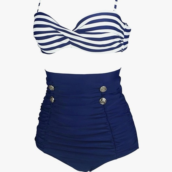 COCOSHIP Retro Polka Dot Twisted Front High Waisted summer beach resort … - Picture 2 of 3